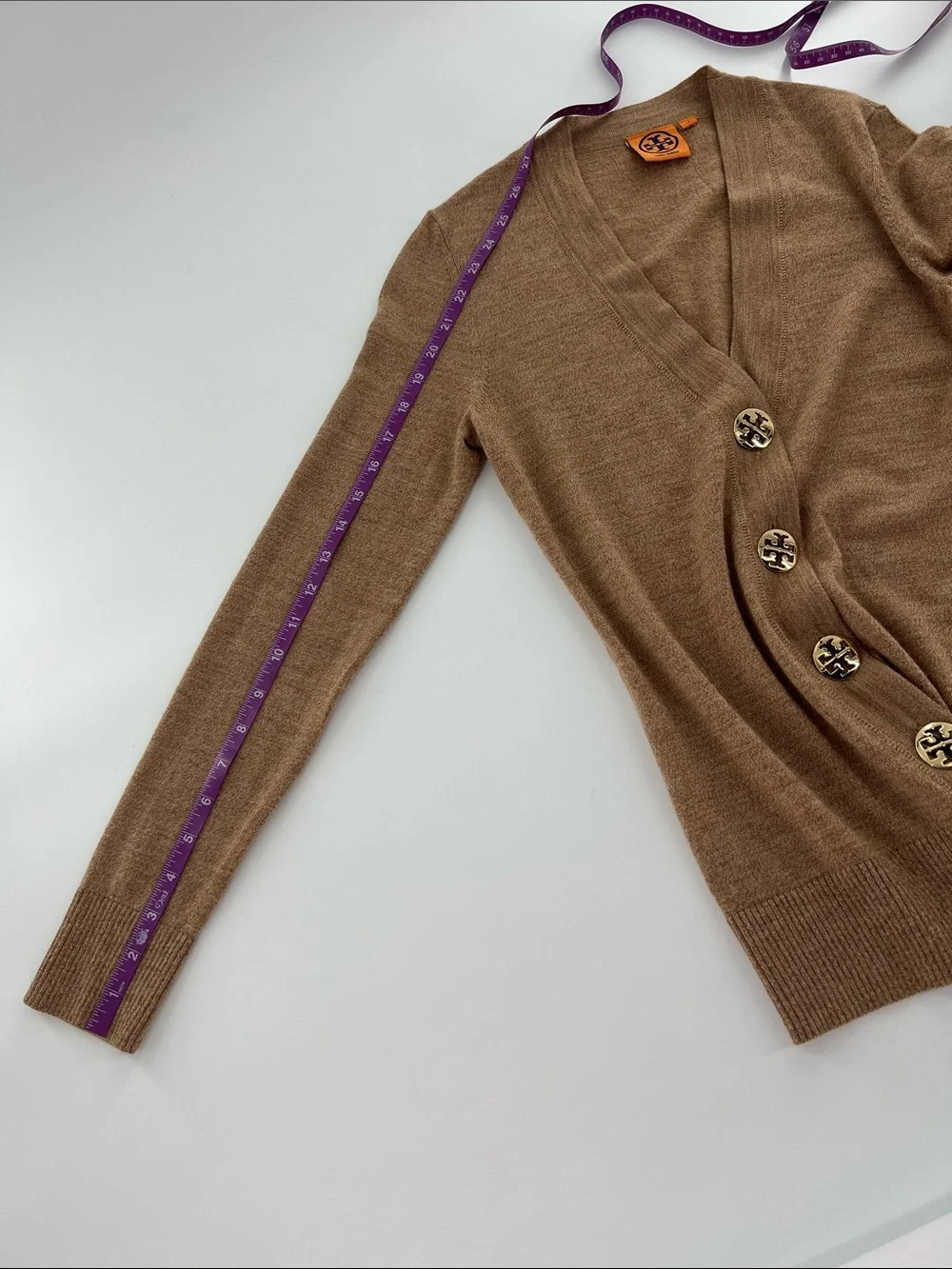 Tory Burch Neutral V‑Neck Button Front Cardigan Preppy Academia Classic Staple